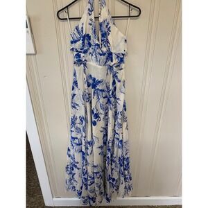 Free People Ivory Blue Floral‎ Halter Maxi Dress Size L Tropical Resort